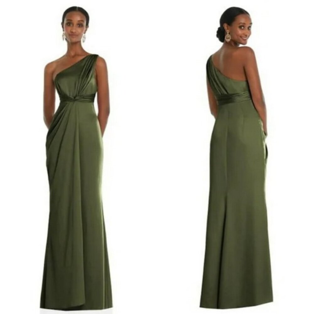 Dessy Collection Olive Green One Shoulder Satin Twist Gown 3111